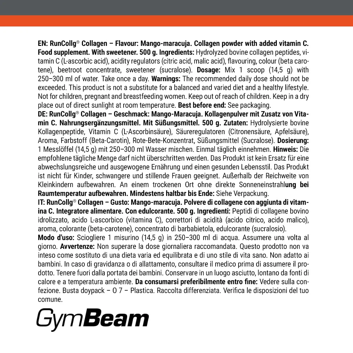 GymBeam RunCollg Collagene Polvere Mango-Maracuja Vitamina C
