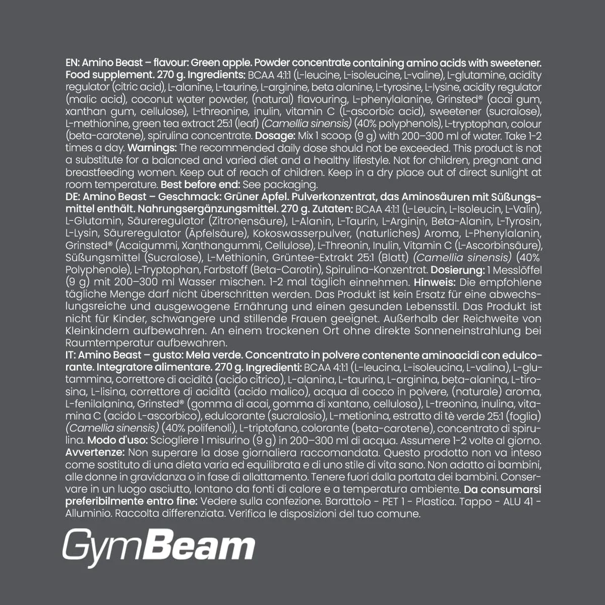 GymBeam Amino Beast Aminoacidi Mela Verde 270 g 14 Mix