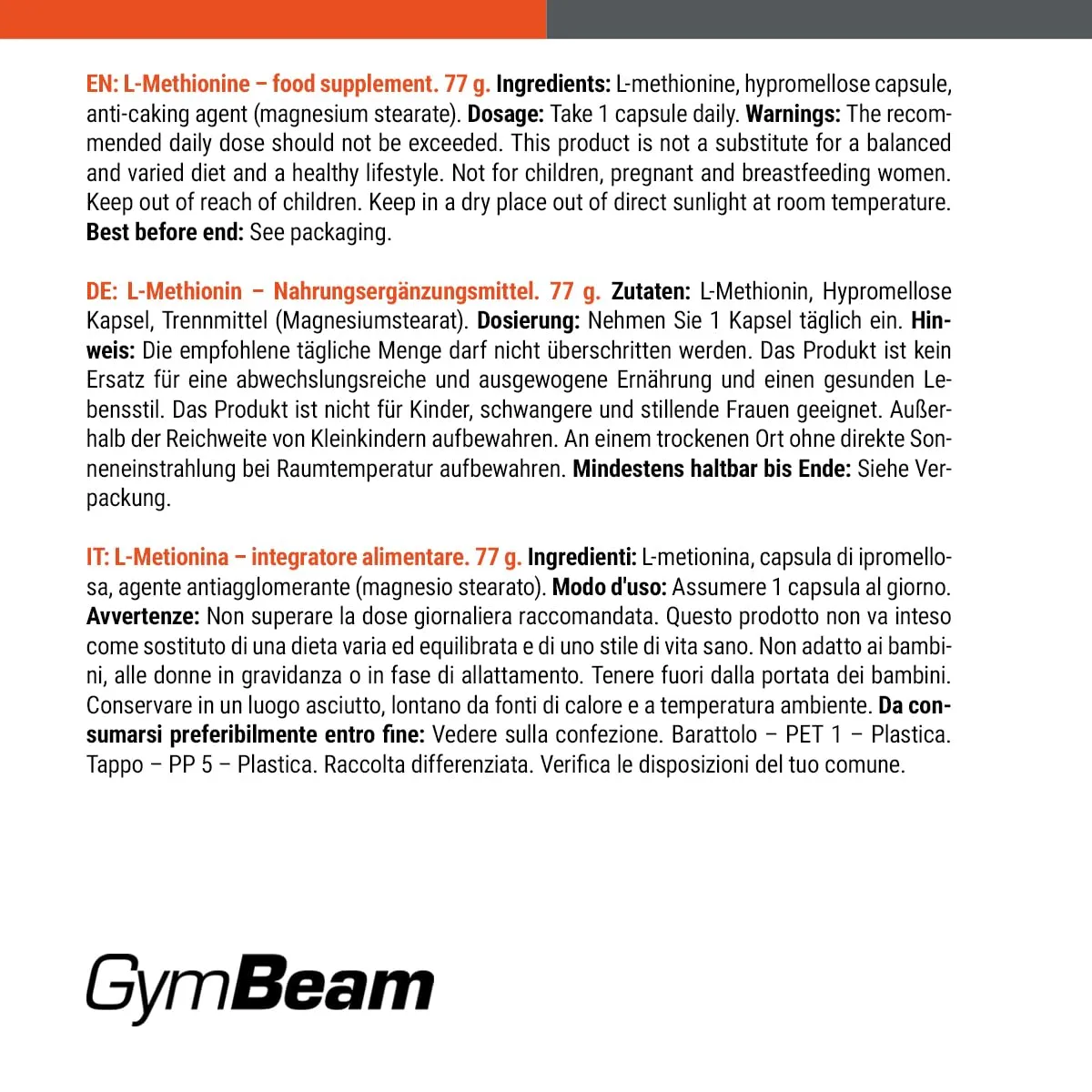 GymBeam L-Metionina 500 mg capsule 120 pezzi vegane