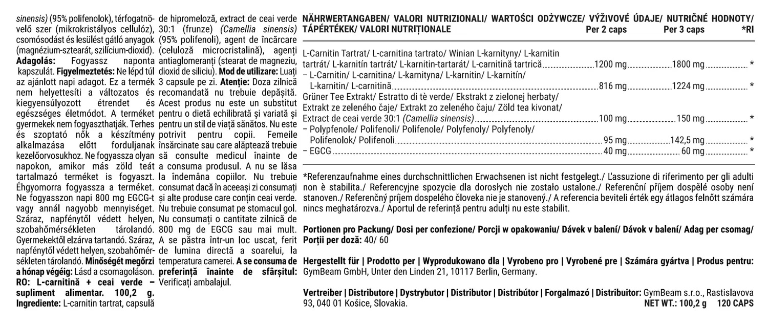 GymBeam L-Carnitina Te Verde Capsule 120 cps Vegane