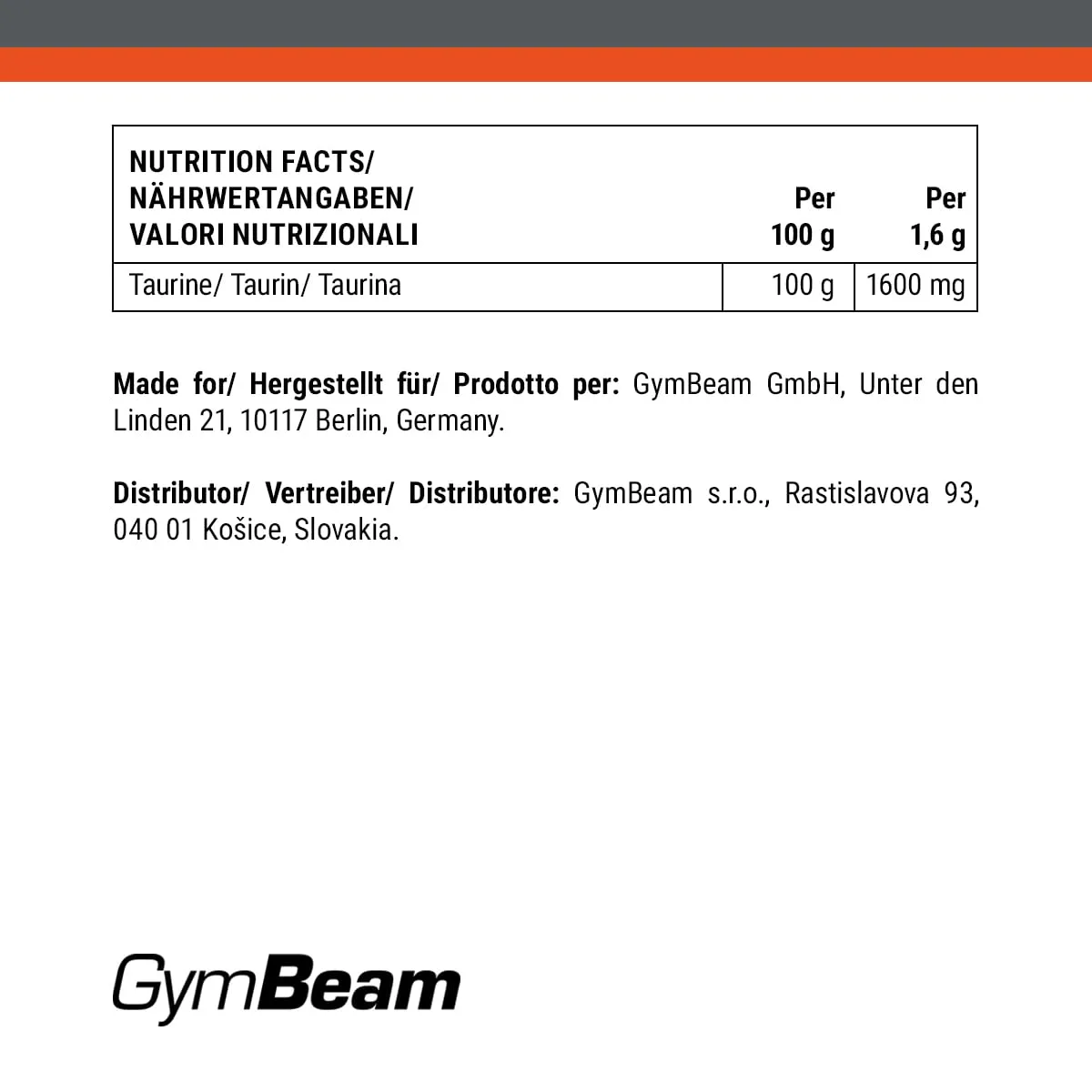 GymBeam Taurina Polvere 250 g Pura Pre-Workout