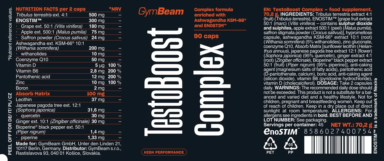 GymBeam TestoBoost Complex Integratore Testosterone Vegano