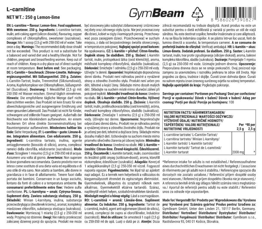 GymBeam L-Carnitina polvere lemon lime 250 g