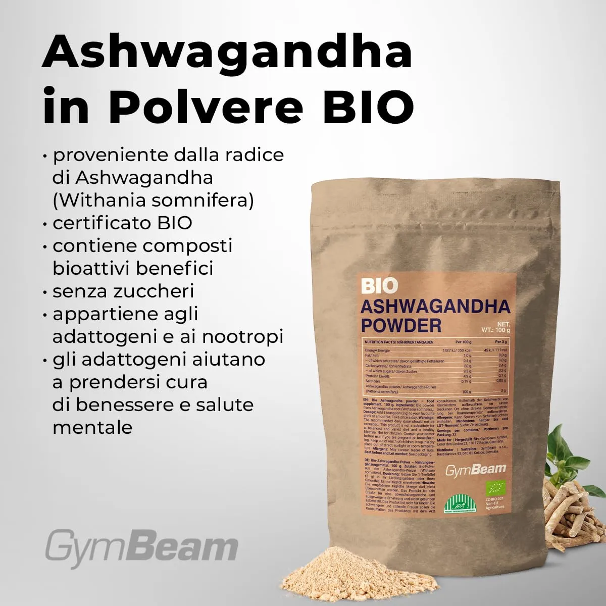 GymBeam Ashwagandha BIO Polvere 100g Adattogeno Stress