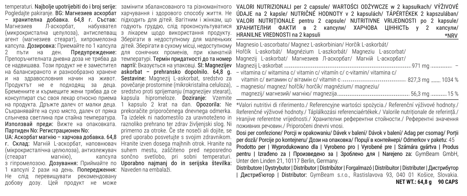 GymBeam L-Ascorbato di Magnesio Integratore Non Acido