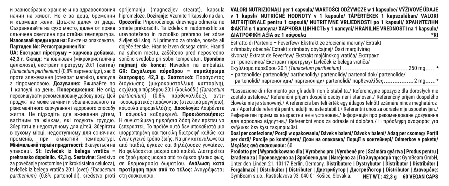 GymBeam Estratto di Partenio Integratore 60 Capsule Rilassamento