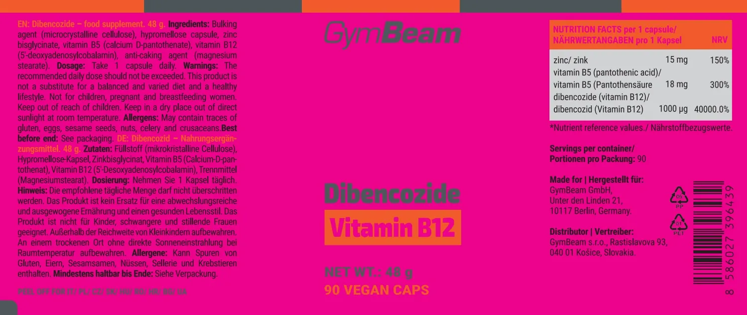 GymBeam Dibencozide Vitamina B12 Integratore 90 Capsule con Zinco