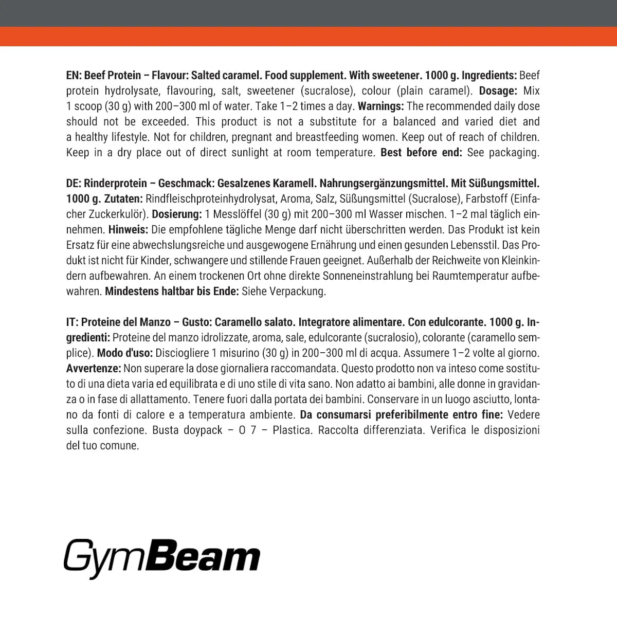 GymBeam Proteine Manzo 1000 g caramello salato