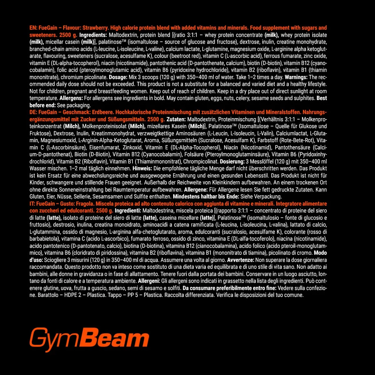 GymBeam FueGain gainer 2500 g fragola massa