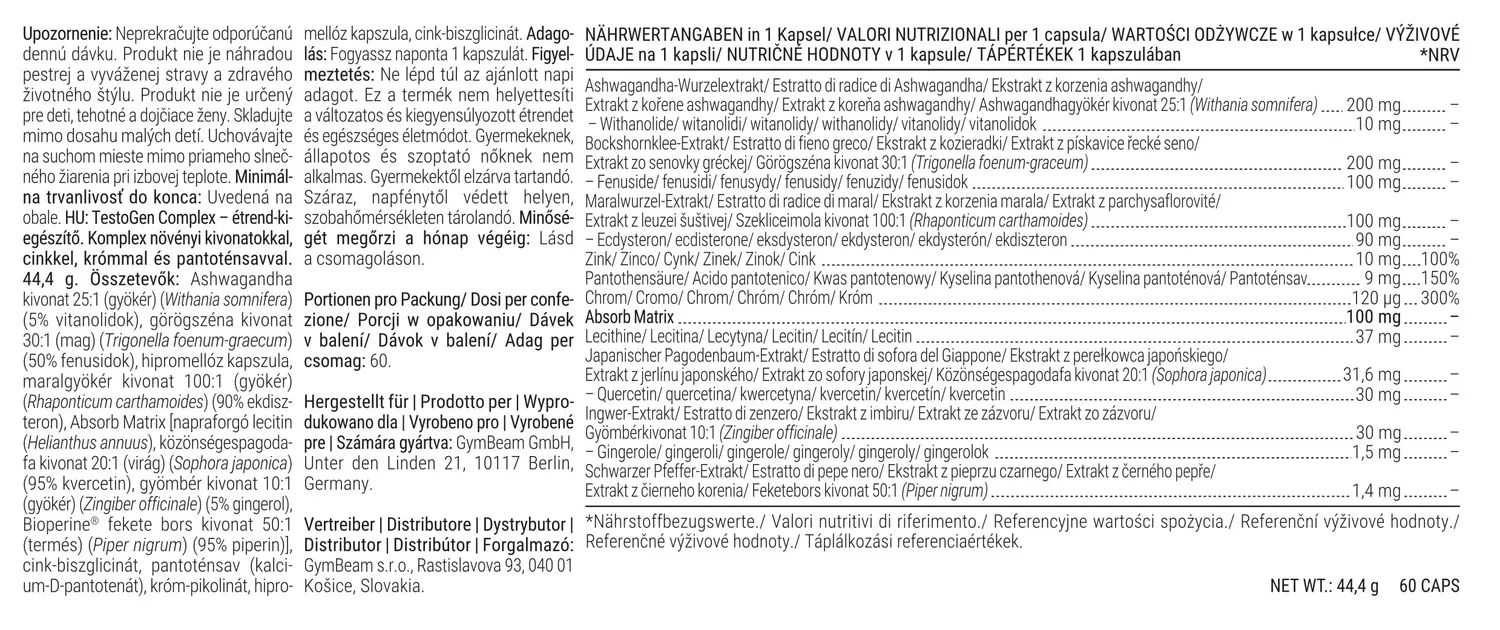 GymBeam TestoGen Complex capsule testobooster vegano zinco