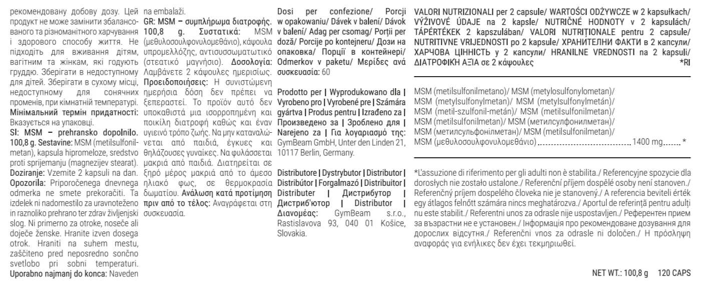 GymBeam MSM capsule 120 cps 1400 mg articolazioni