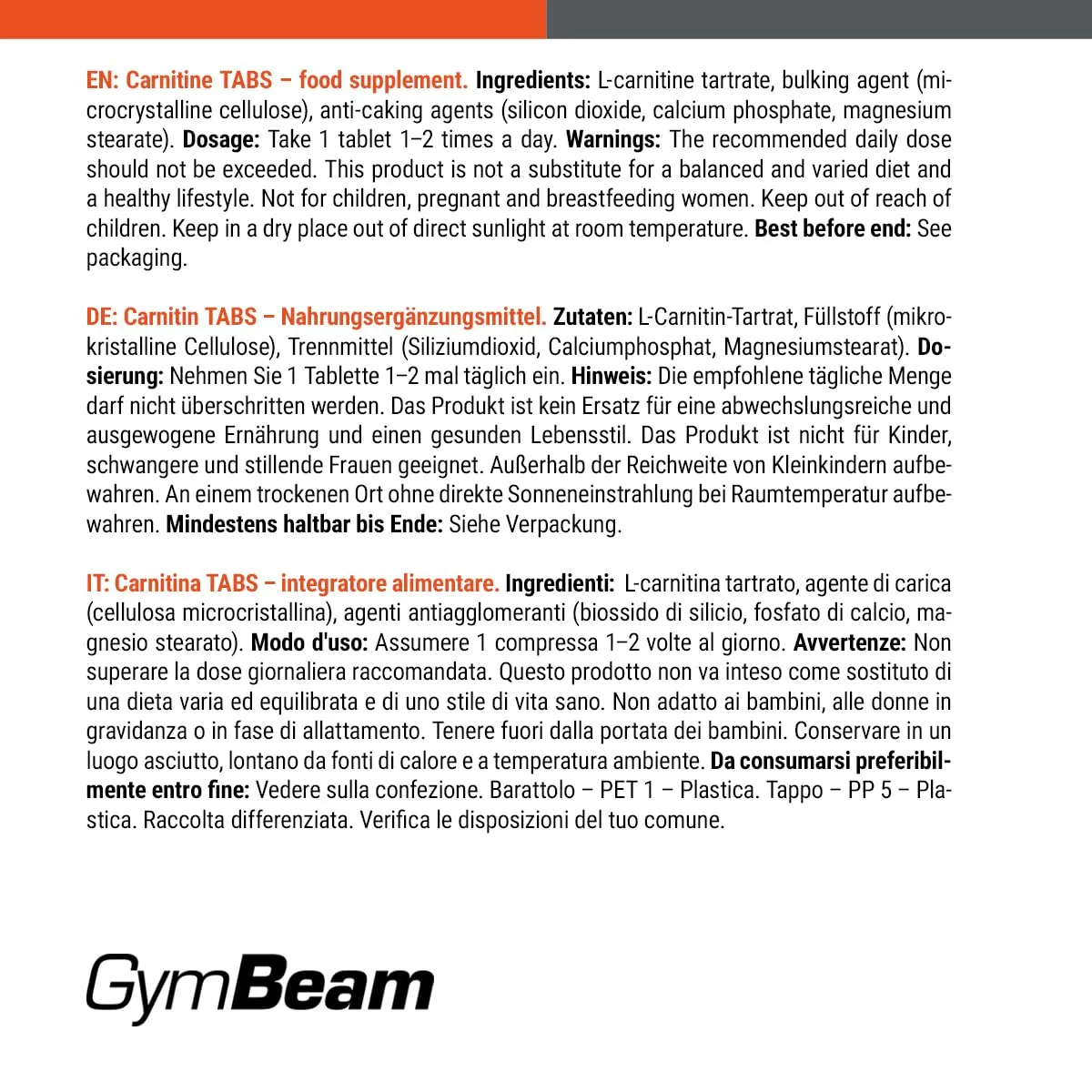 GymBeam L-Carnitina TABS carnitina 180 compresse 2000 mg vegano
