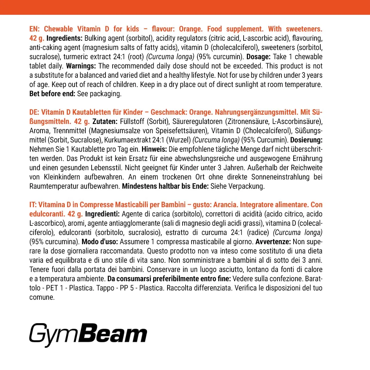 GymBeam Vitamina D3 Bambini compresse masticabili 120 cps arancia