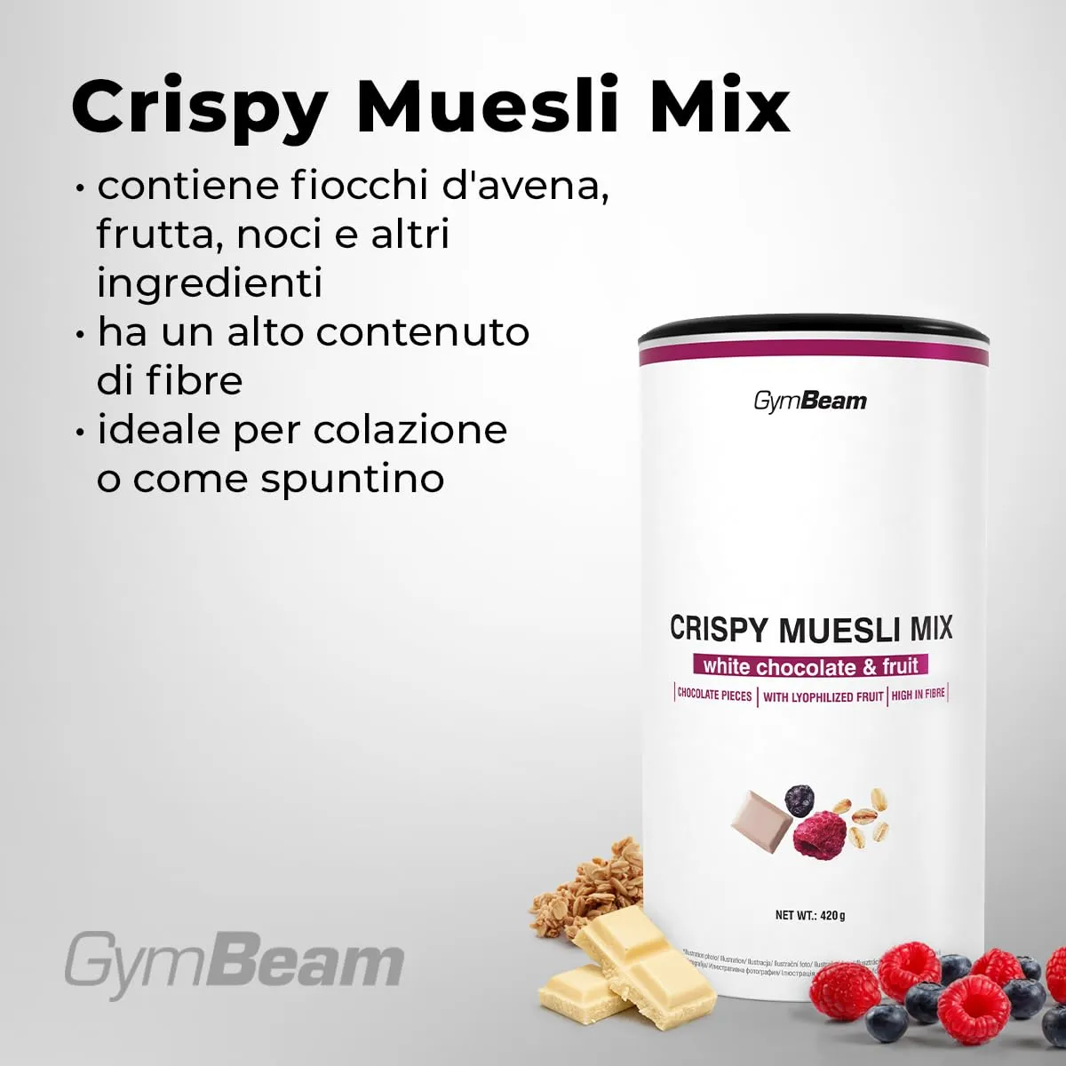 GymBeam Crispy Muesli Mix cereali proteici 420g white chocolate fruit