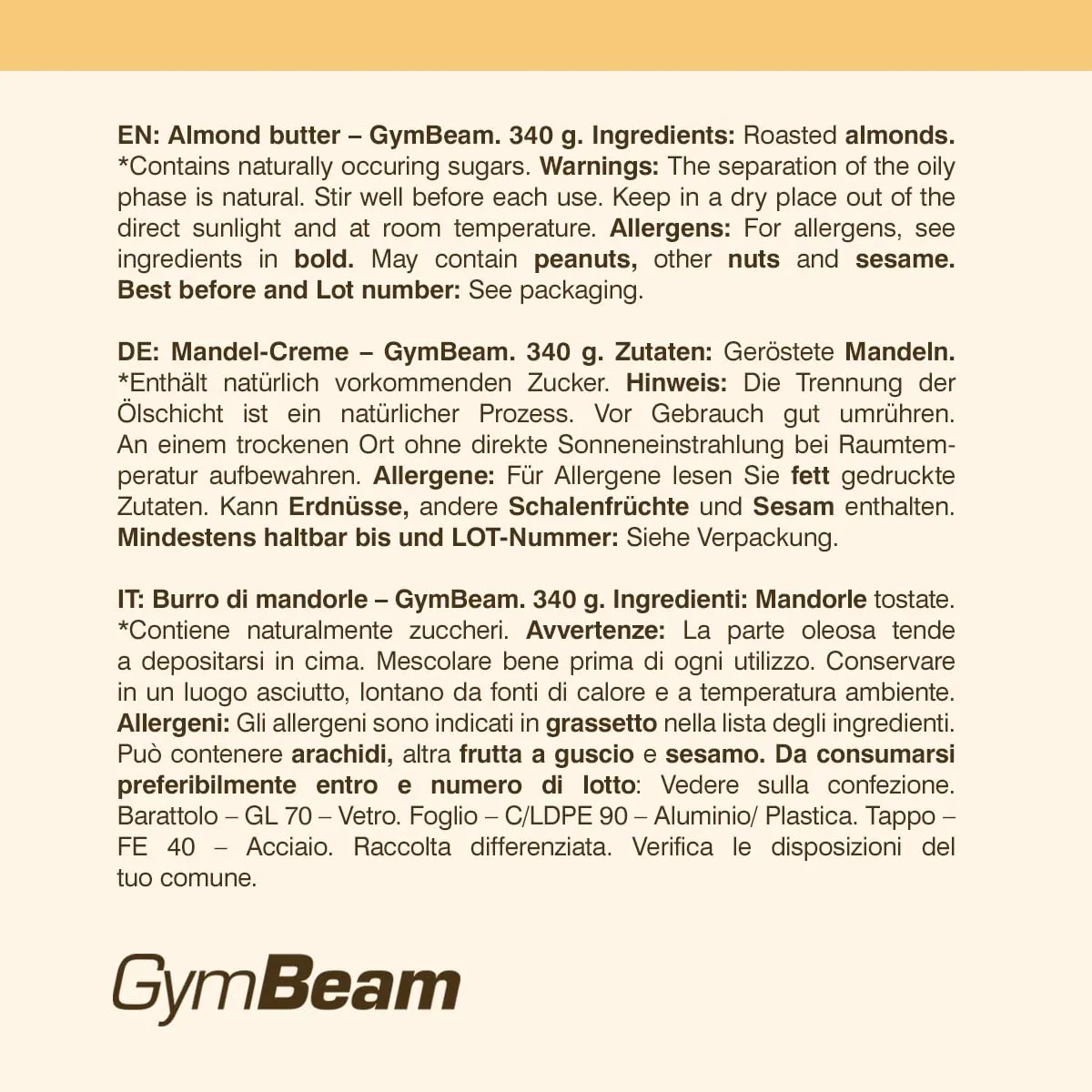 GymBeam Burro di Mandorle Crema Spalmabile 340 g 100% Mandorle