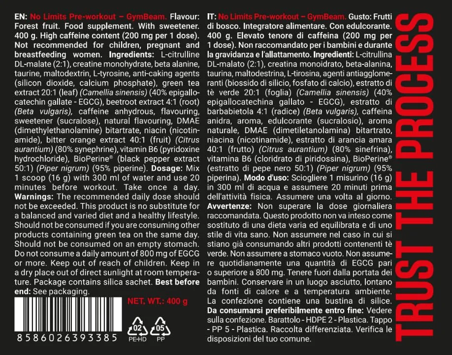 GymBeam No Limits Pre-Workout Polvere 400 g Caffeina