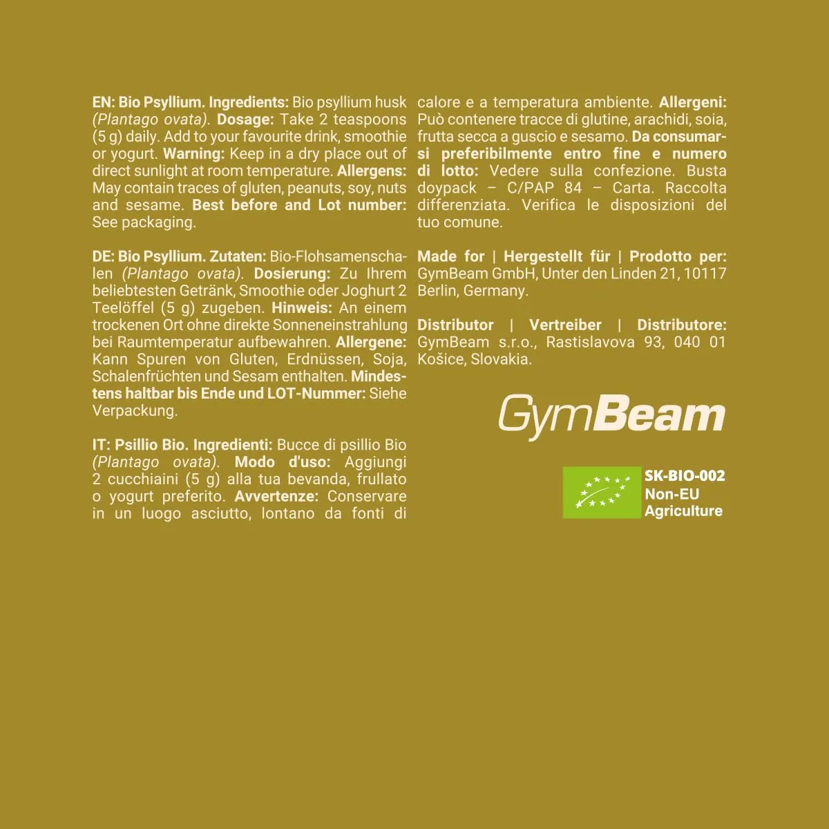 GymBeam Psillio BIO fibra 300 g senza glutine