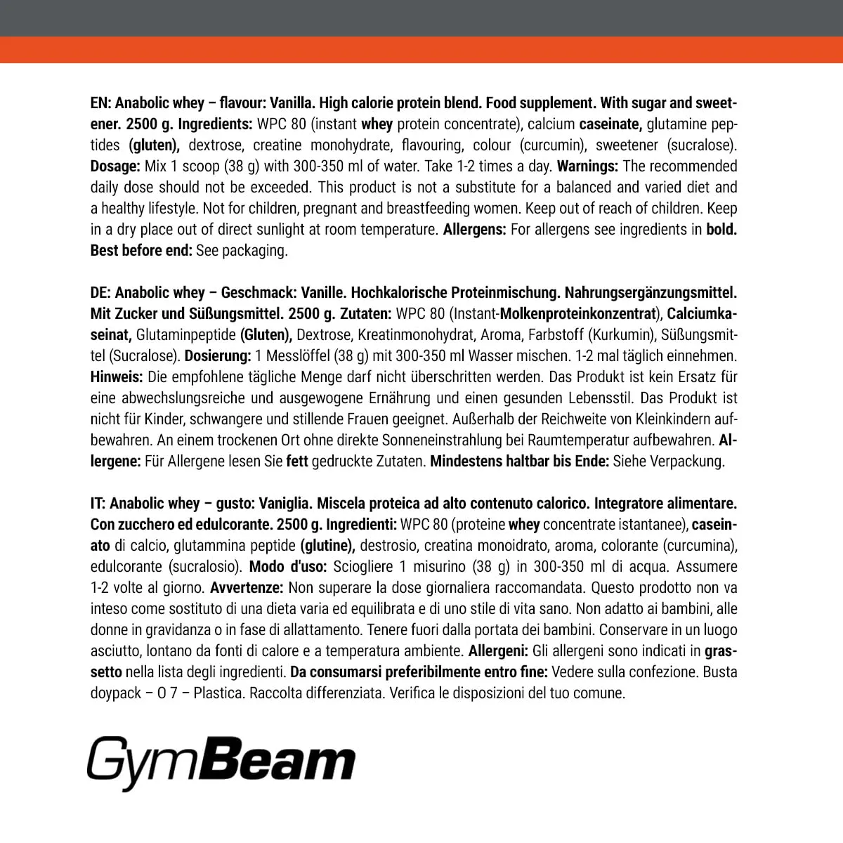 GymBeam Anabolic Whey proteine vaniglia 2500 g con creatina