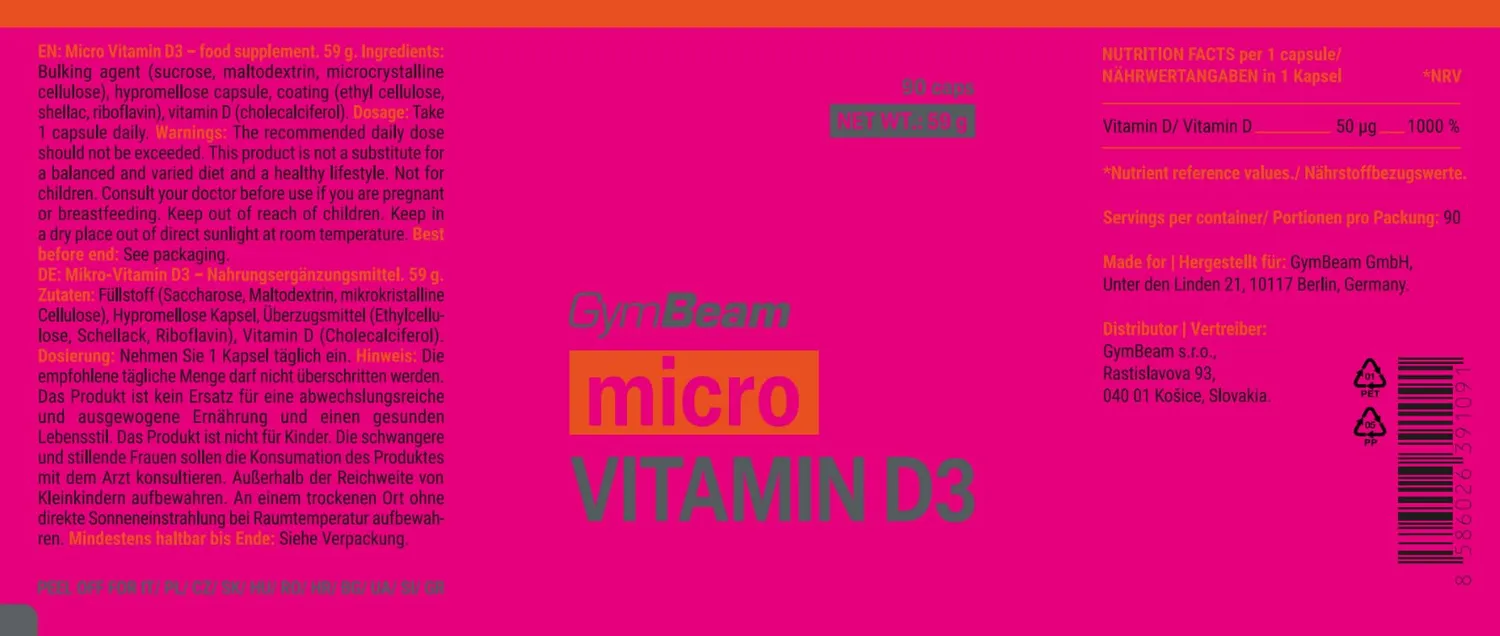 GymBeam Micro-Vitamina D3 Integratore 2000 UI Rilascio Graduale