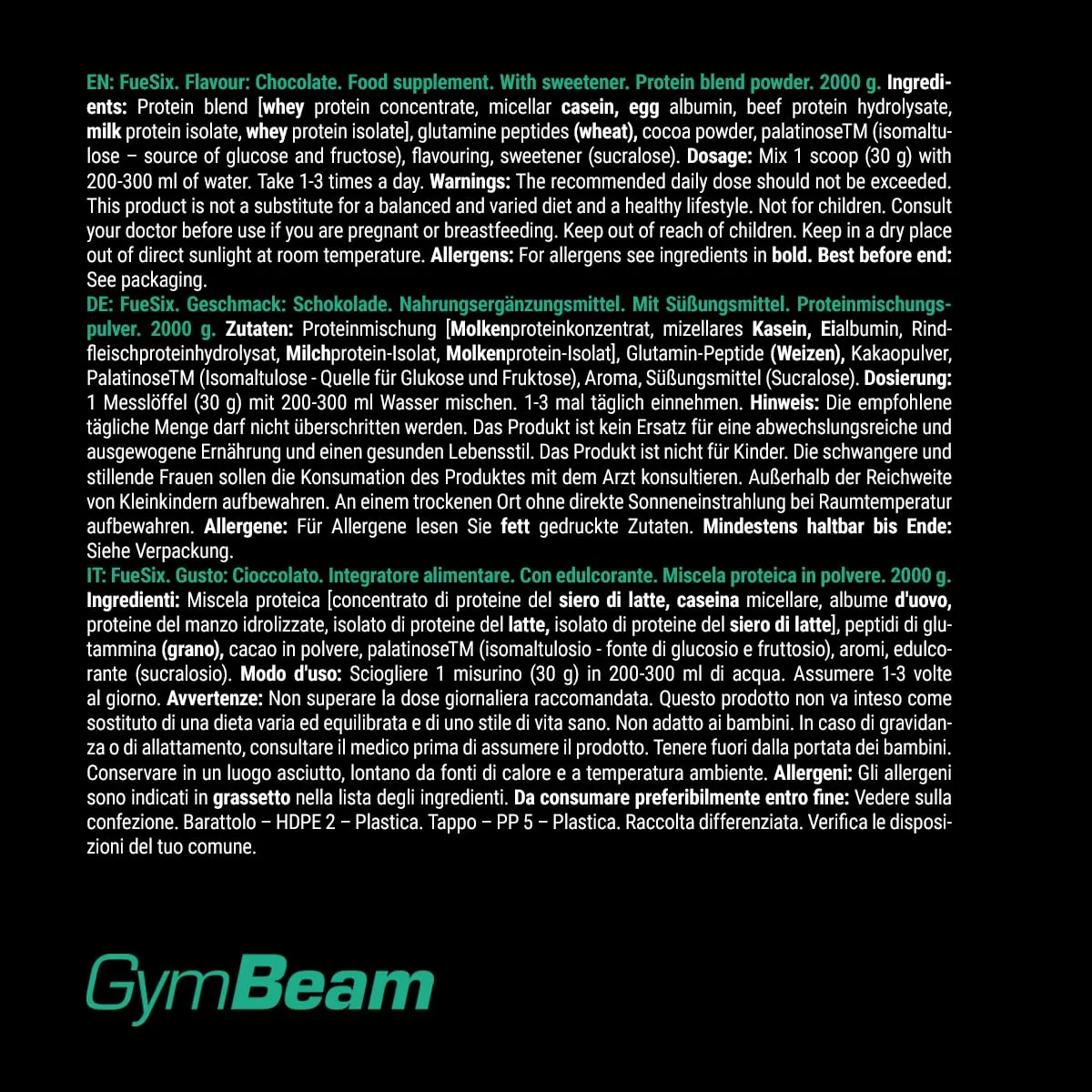 GymBeam FueSix Proteine Cioccolato 6 Fonti ad Assorbimento Misto