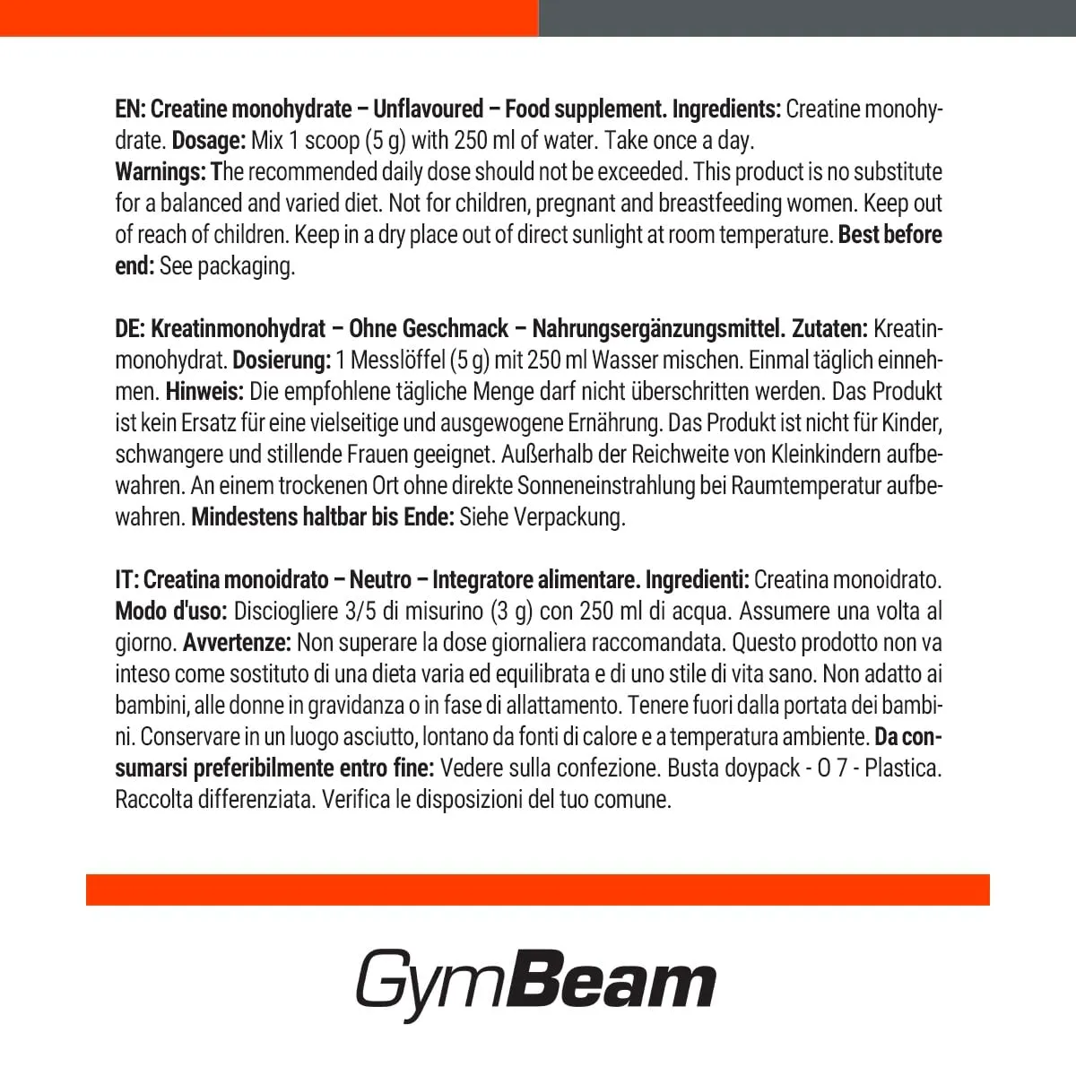 GymBeam Creatina Monoidrato polvere 1000 g neutra solubile