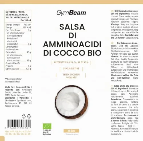GymBeam Salsa Amino di Cocco BIO Condimento 250 ml Senza Glutine