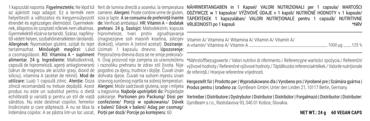 GymBeam Vitamina A Retinolo Capsule 60 cps Vista