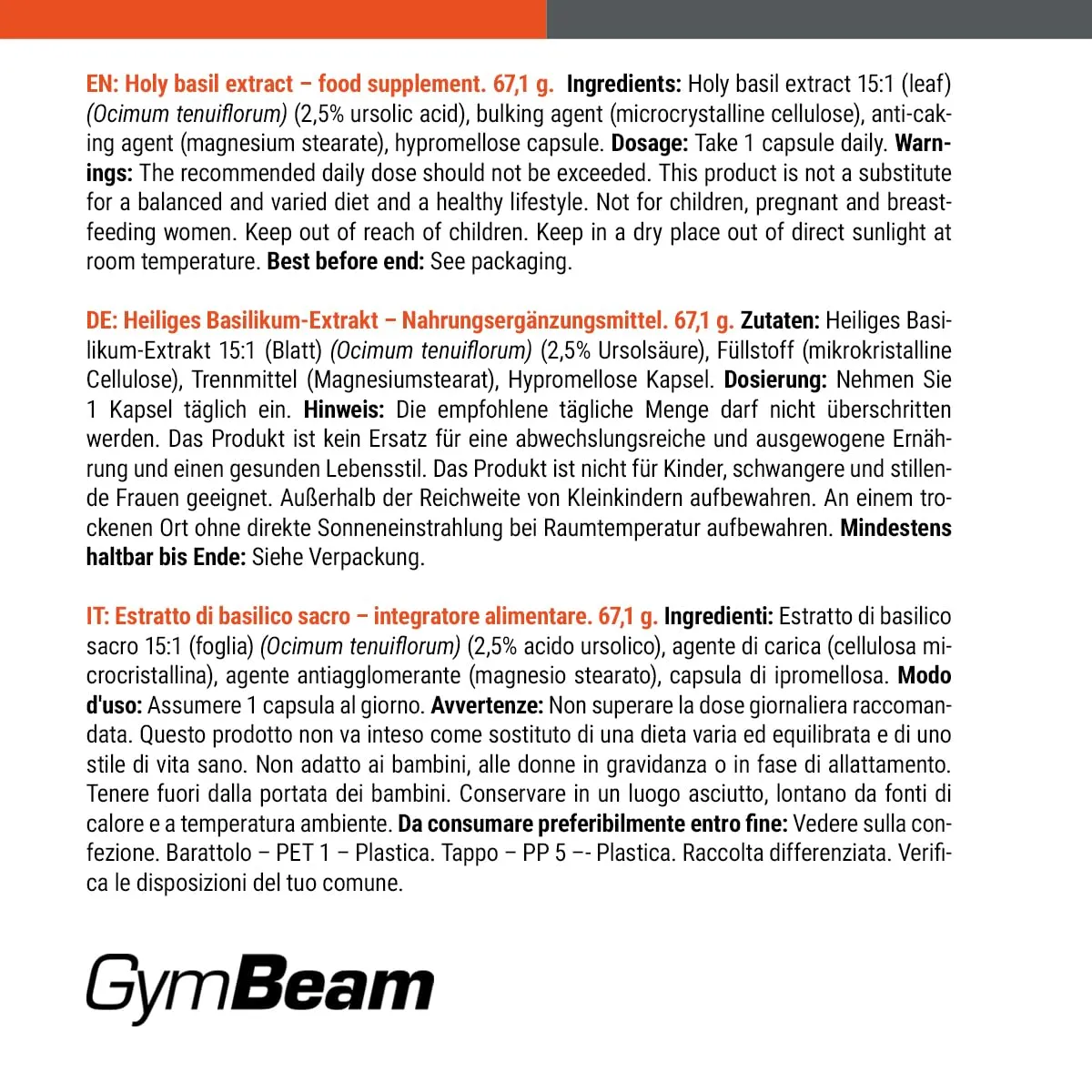 GymBeam Basilico Santo Tulsi Capsule Acido Ursolico
