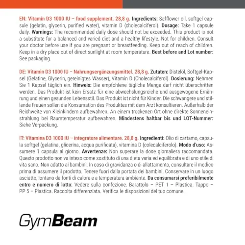 GymBeam Vitamina D3 1000 UI integratore 365 cps immunità