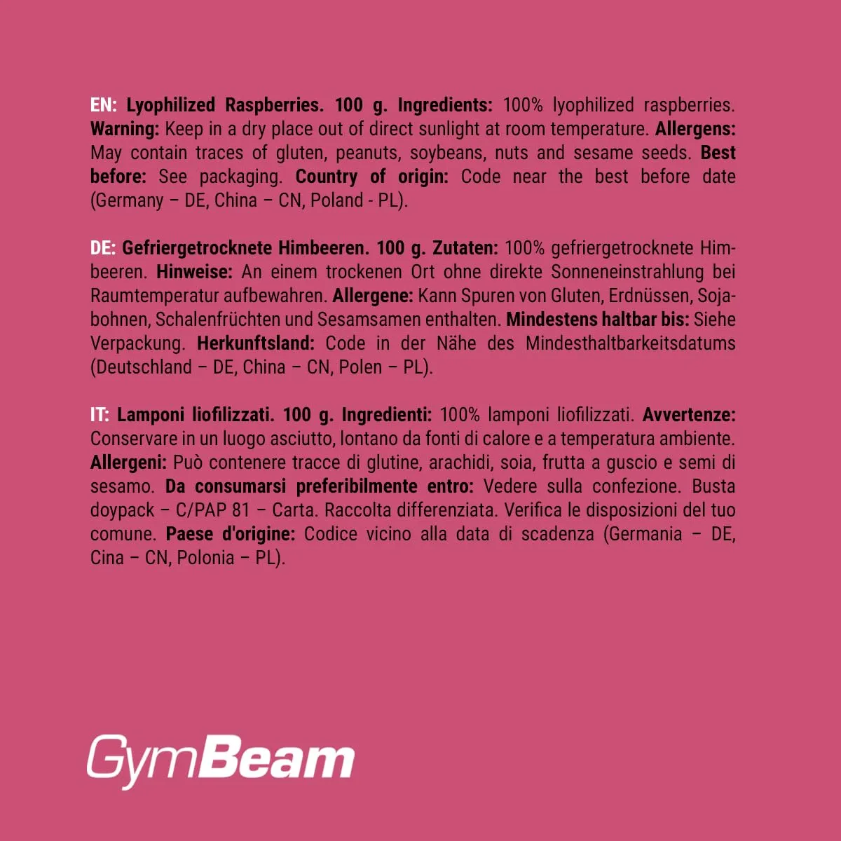 GymBeam Lamponi Liofilizzati frutta 100 g
