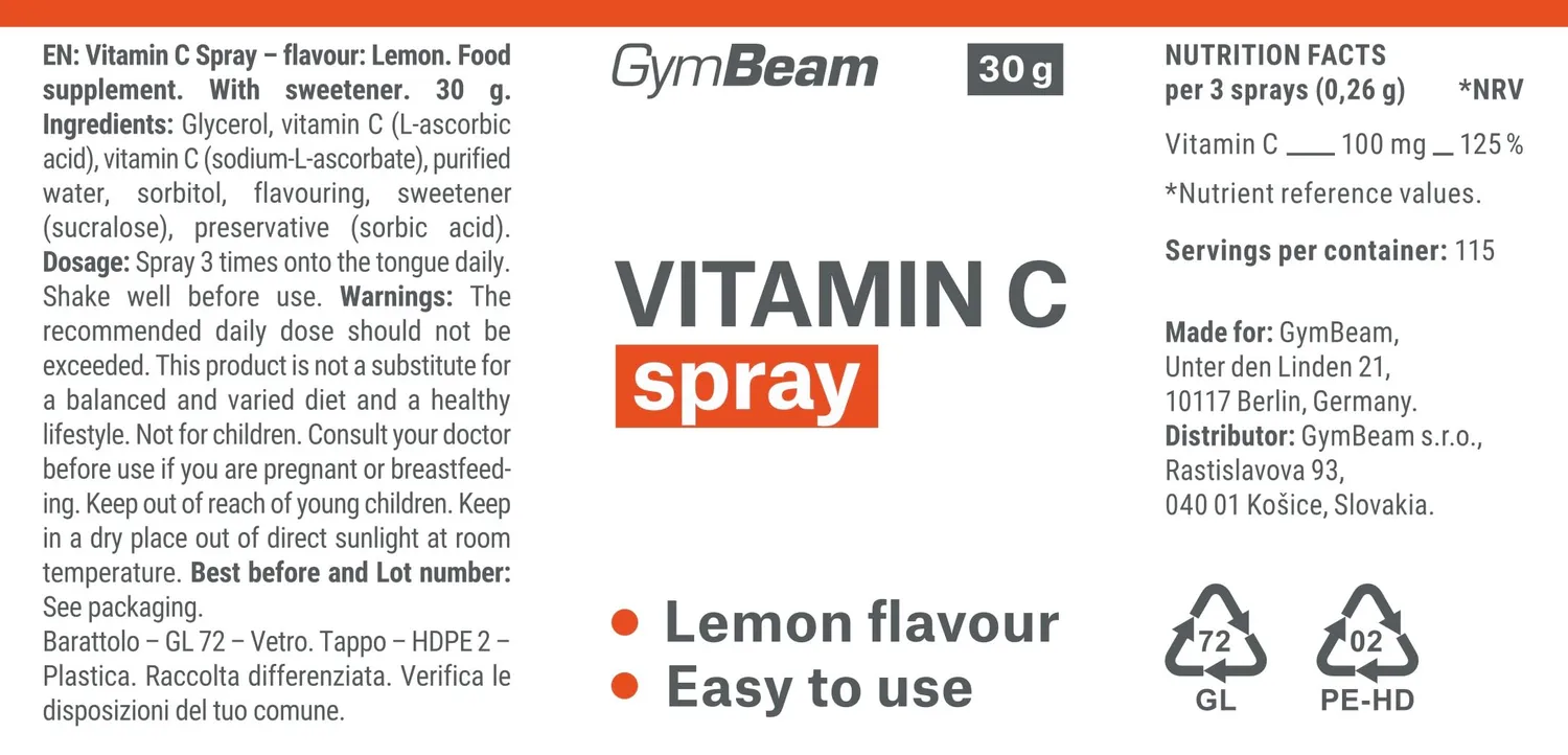 GymBeam Vitamina C Spray integratore limone vegano assorbimento rapido