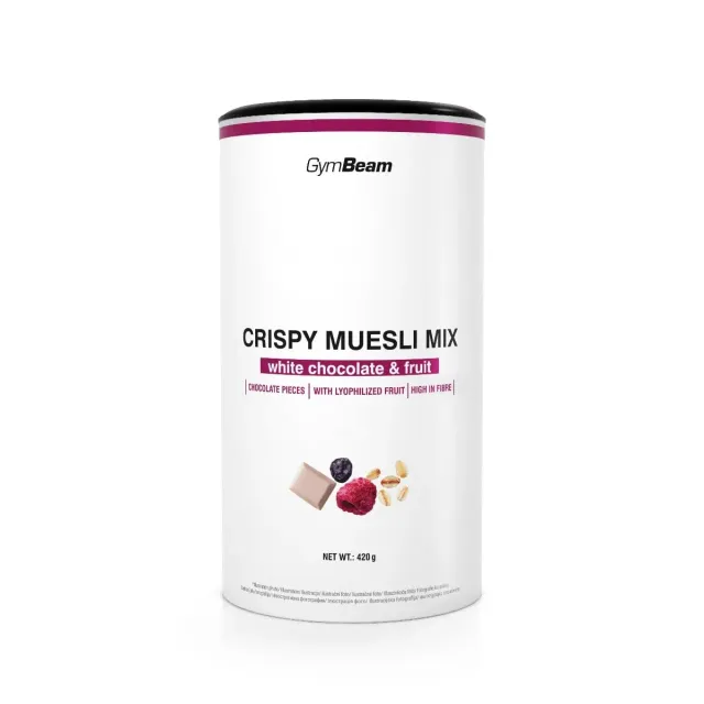 GymBeam Crispy Muesli Mix cereali proteici 420g white chocolate fruit