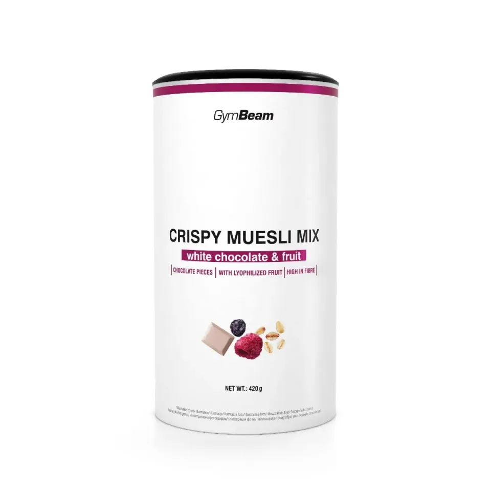 GymBeam Crispy Muesli Mix cereali proteici 420g white chocolate fruit