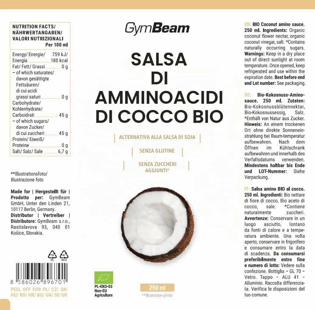 GymBeam Salsa Amino di Cocco BIO Condimento 250 ml Senza Glutine