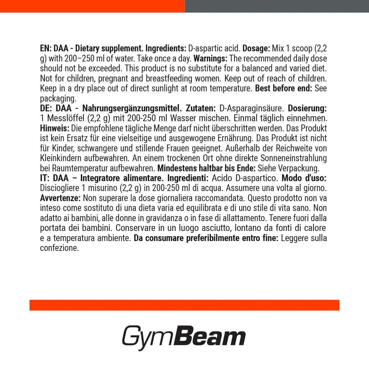 GymBeam DAA polvere 250 g acido D-aspartico recupero