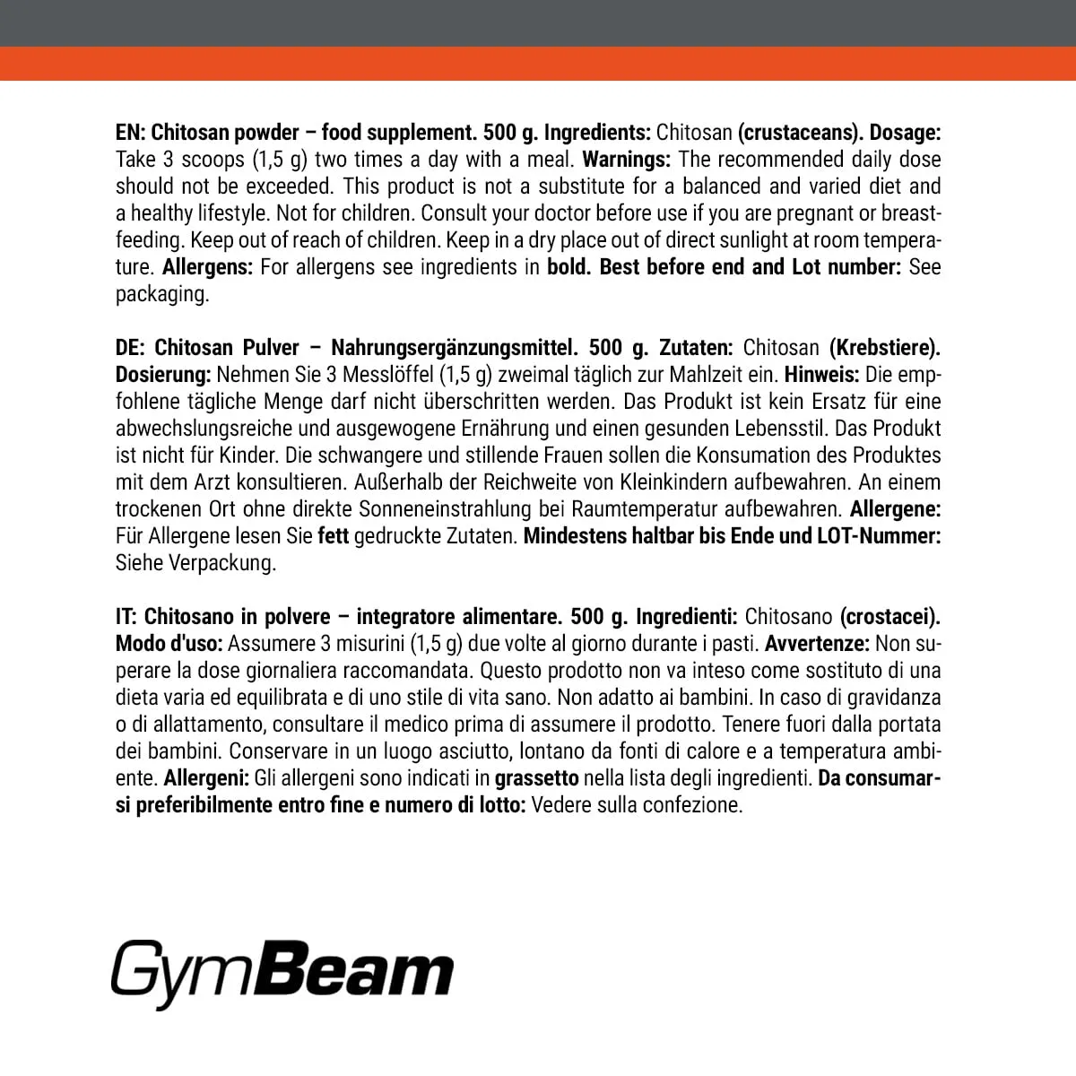 GymBeam Chitosano Polvere 500 g Fibra Solubile