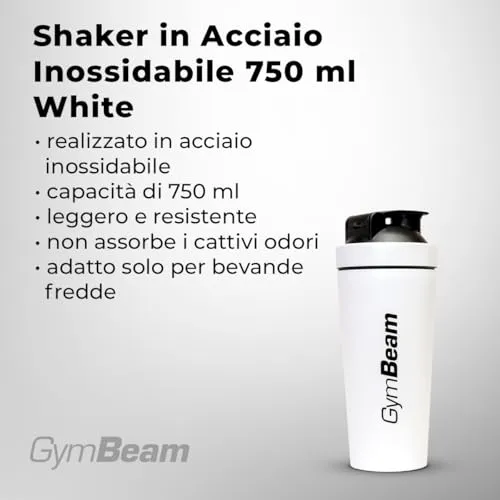 GymBeam Shaker Acciaio 750 ml Bianco con Filtro Proteine Fredde