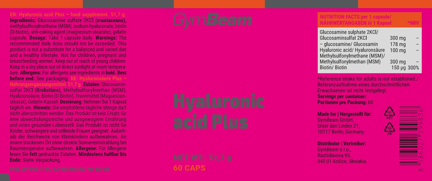 GymBeam Acido Ialuronico Plus Integratore Articolazioni 60 Capsule
