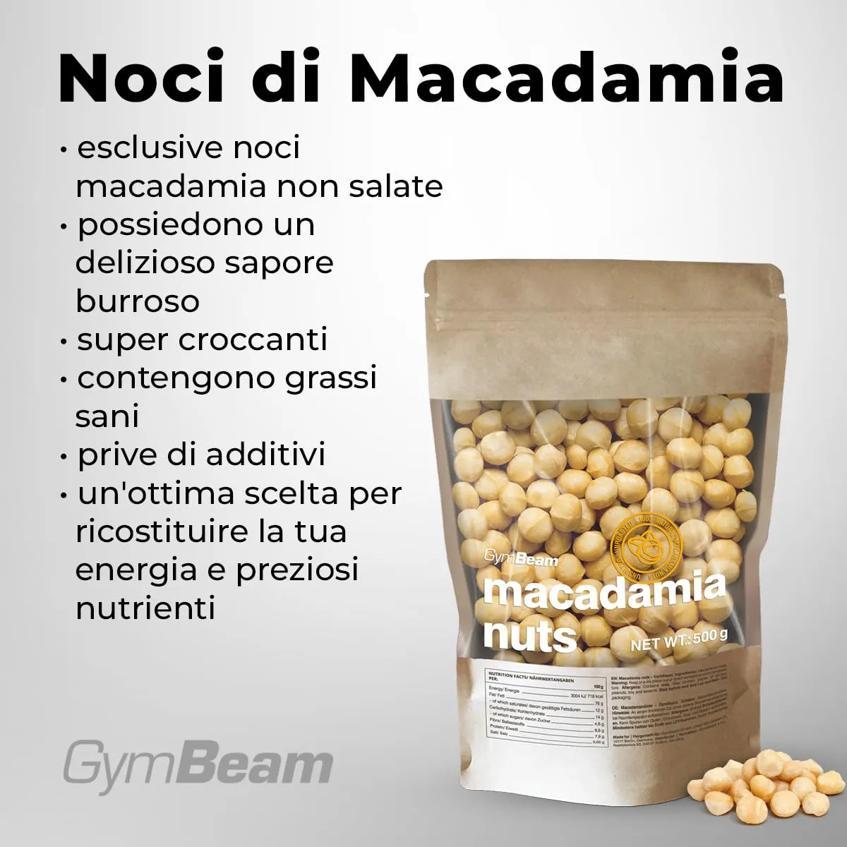 GymBeam Noci di Macadamia Intere Snack 500g Non Salate