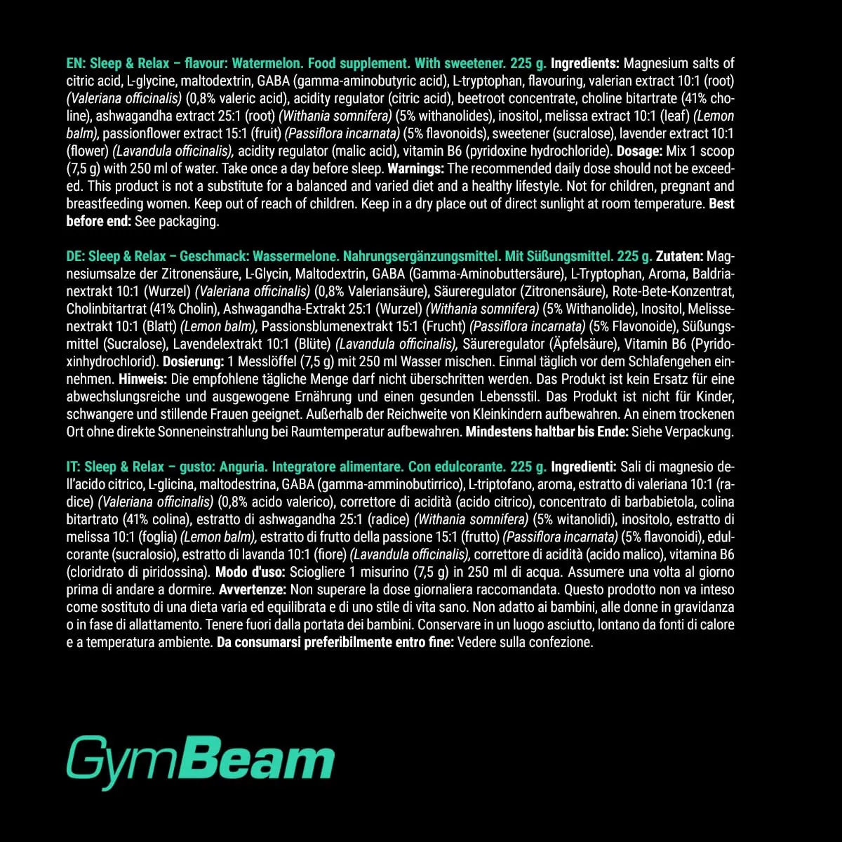 GymBeam Sleep & Relax Polvere 225 g Cocomero Magnesio
