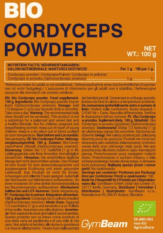 GymBeam Polvere Cordyceps BIO integratore 100 g vegano senza glutine