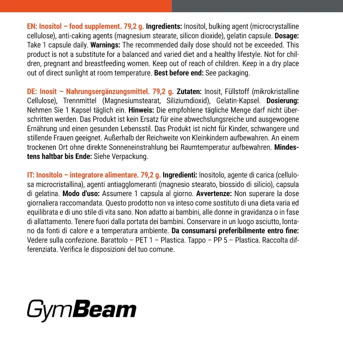 GymBeam Inositolo 500 mg capsule 120 pz vitamina B8
