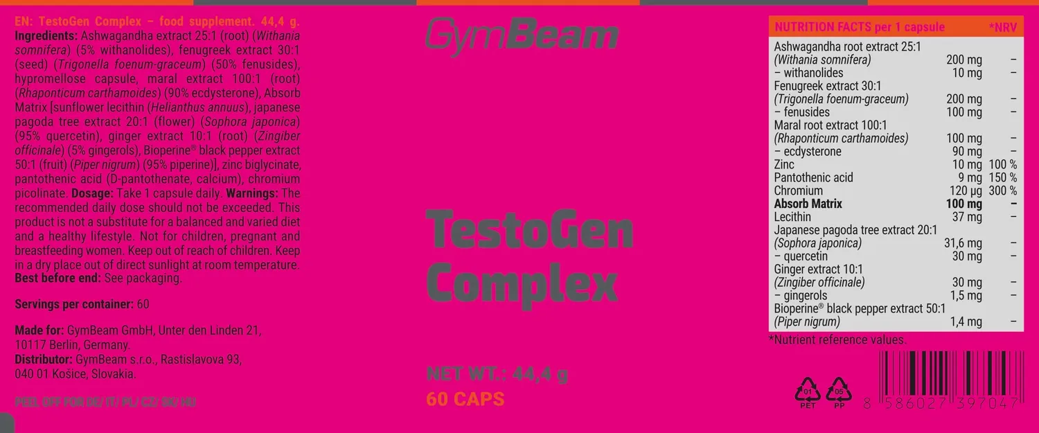 GymBeam TestoGen Complex capsule testobooster vegano zinco