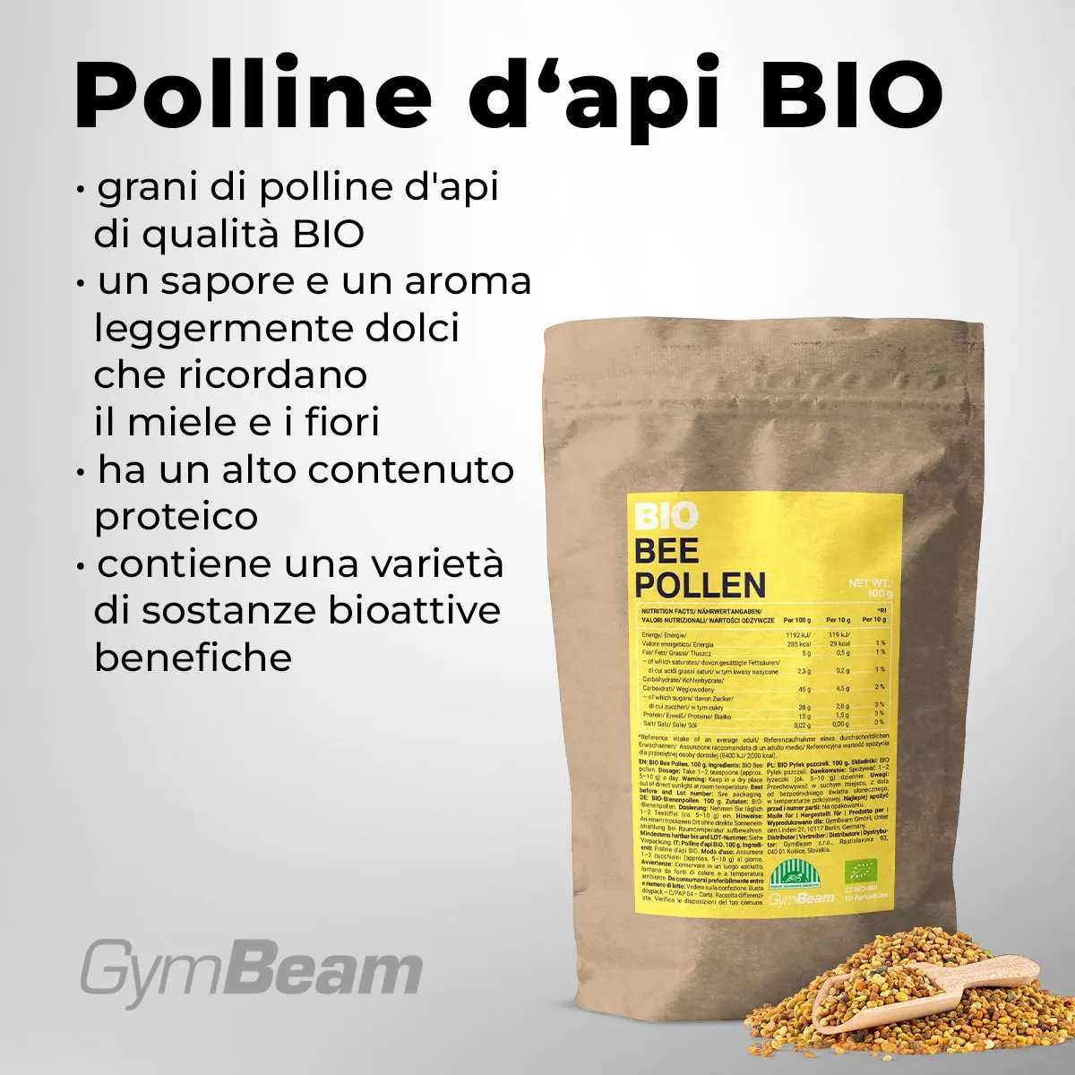 GymBeam Polline d'Api BIO granuli 100 g superfood proteico