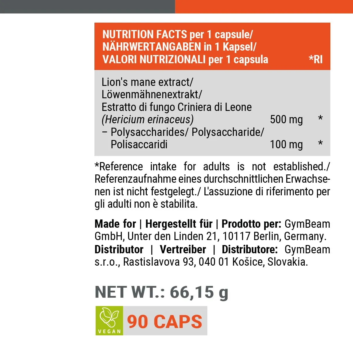 GymBeam Hericium 500 mg capsule vegane memoria 20%