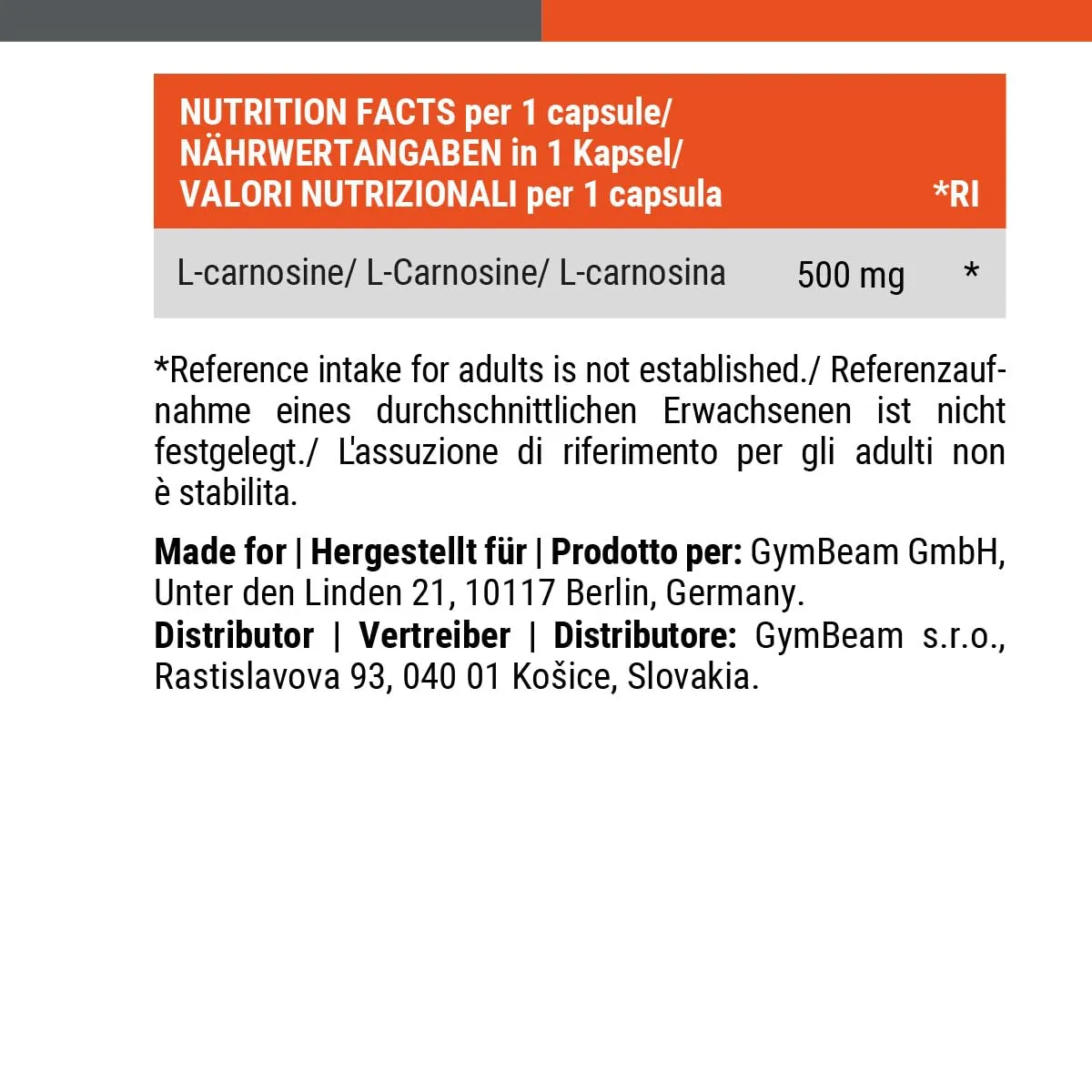 GymBeam L-Carnosina Integratore 60 Capsule 500 mg Antiossidante