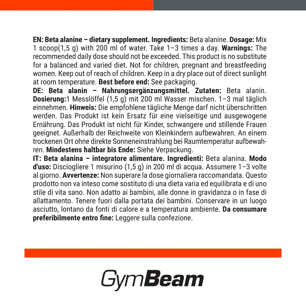 GymBeam Beta Alanina Neutro 250 g polvere pre-workout