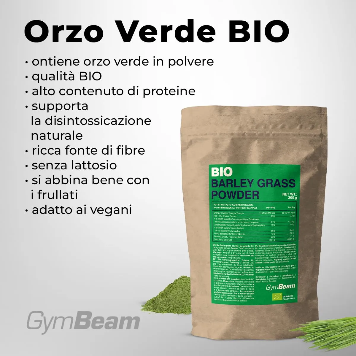 GymBeam Orzo Verde BIO orzo in polvere 200 g vegano