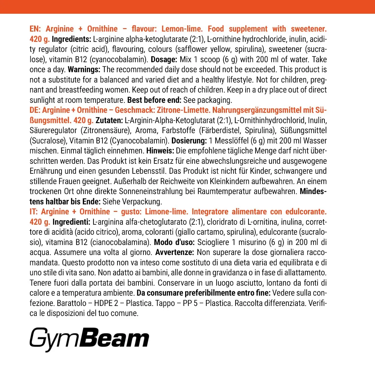 GymBeam Arginina Ornitina polvere 420 g lemon lime B12