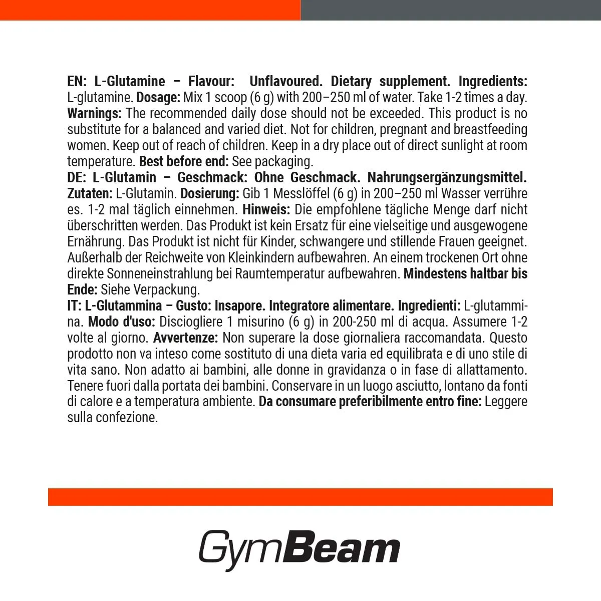 GymBeam L-Glutammina neutra 250 g fermentata pura